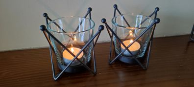 2 Candle tealights metal holders with glass inserts