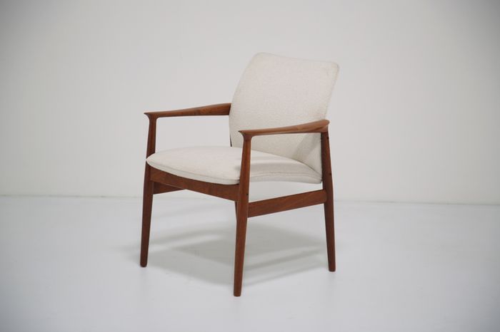 Vintage Danish Teak and White Boucle Armchair by Grete Jalk, 1960s.