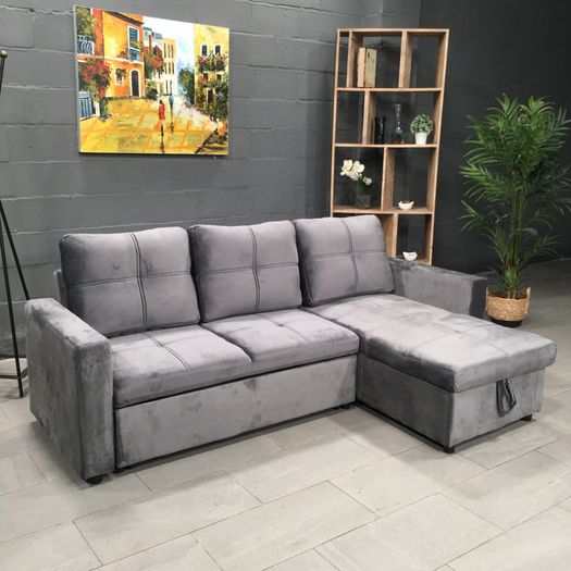 Grey velvet Corner Sofa Bed with Storage 215cm