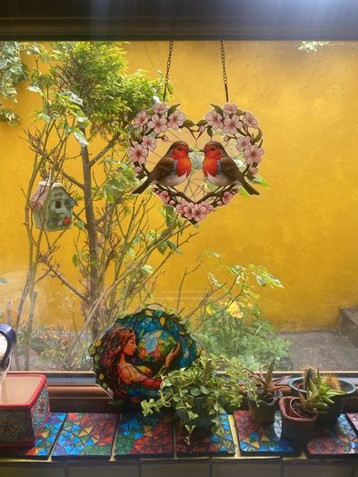 2 Robins in a heart Suncatcher