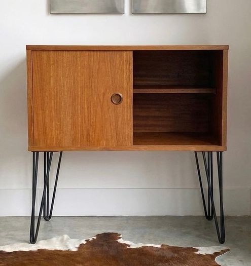 Vintage Mid Century Teak Sliding Door Storage/Vinyl Cabinet