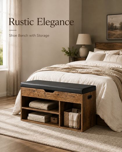 Shoe Storage Bench with Padded Seat and 3 Open Compartments Rustic Brown and Black