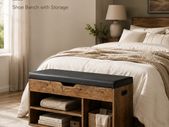 Shoe Storage Bench with Padded Seat and 3 Open Compartments Rustic Brown and Black