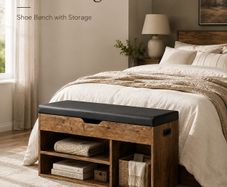 Shoe Storage Bench with Padded Seat and 3 Open Compartments Rustic Brown and Black