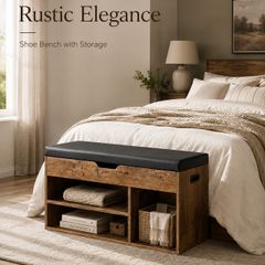 Shoe Storage Bench with Padded Seat and 3 Open Compartments Rustic Brown and Black