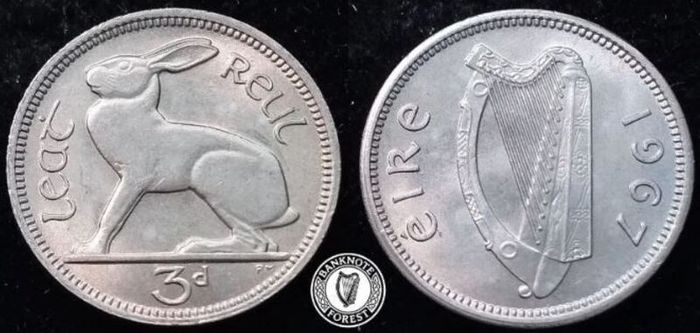 [#2529] - Ireland 1967 | Irish 3d | Three Pence | Hare | KM.12a | MS
