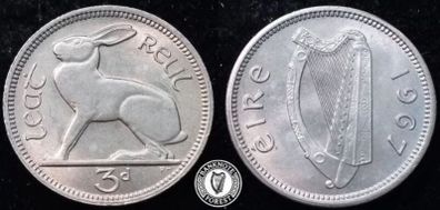 [#2529] - Ireland 1967 | Irish 3d | Three Pence | Hare | KM.12a | MS