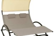 Double Sun Lounger with Canopy Textilene Taupe and Cream