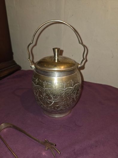 Antique silver plate sugar bowl with tongs