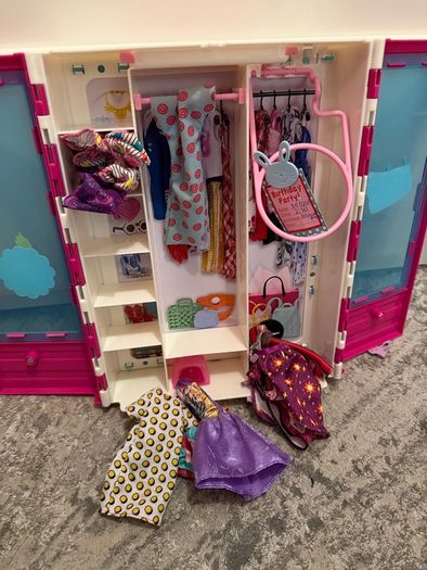 Barbie's dolls and more, aeroplane, clothes, car, wardrobe