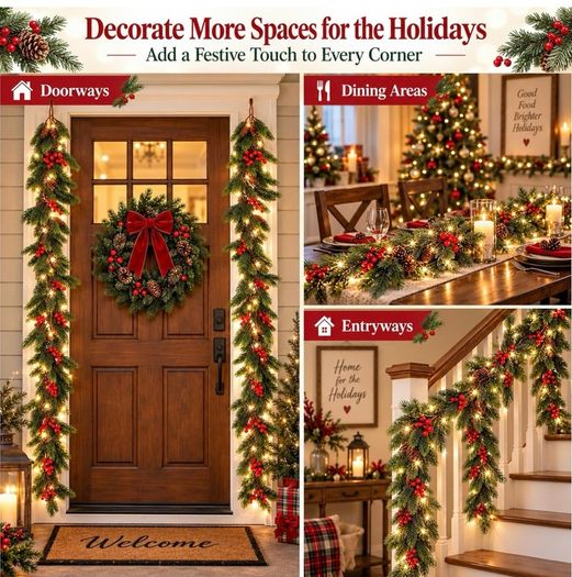 2Pack 2M Christmas Garland with 5m String Lights for Xmas Decoration Artificial Pine Garland with Red Berries & Pinecones with 8 Lighting Modes for Stairs, Fireplace, Indoor & Outdoor Decoration