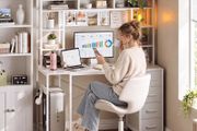 Computer Desk with Drawers &amp; Display Shelves, 120 x 50 cm White Office Desk with Storage &amp; Pegboard, Study Work Desk with Storage, Girls PC Desk for Home Office, Bedroom and Creative Spaces