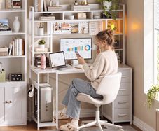 Computer Desk with Drawers & Display Shelves, 120 x 50 cm White Office Desk with Storage & Pegboard, Study Work Desk with Storage, Girls PC Desk for Home Office, Bedroom and Creative Spaces