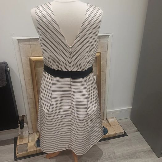 Beautiful Flattering Dress by Irish Designer Fee G, Soft Pink and Black Stripped Dress - Size 16