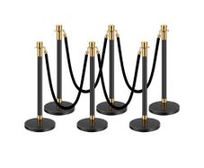 6 Pcs Crowd Control Barrier with 4 Black Velvet Ropes, 5 ft Stainless Steel Stanchion Post Queue with Sand Injection Hollow Base for Theater, Party, Wedding, Exhibition, Black