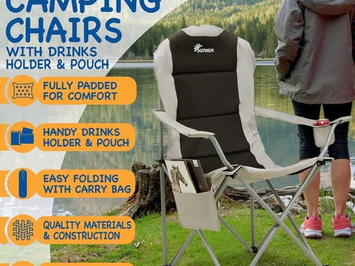 Padded Camping Chairs - Set of 2 Deluxe Folding Chairs with Cup Holder and Side Pockets, Holds up to 120kg - Lightweight 3.3kg per Chair - Black & Grey (FREE POSTAGE)