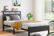 Single Bed Frame with Wooden Storage Headboard,Heavy