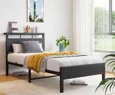 Single Bed Frame with Wooden Storage Headboard,Heavy