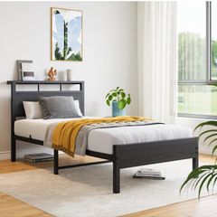Single Bed Frame with Wooden Storage Headboard,Heavy