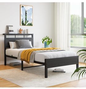 Single Bed Frame with Wooden Storage Headboard,Heavy