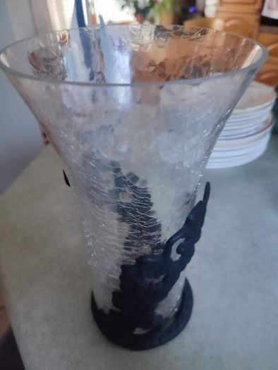 Vintage Art Nouveau  Clear Crackle Glass Vase (unmarked) w/ Ornate black metal Base / Holder.