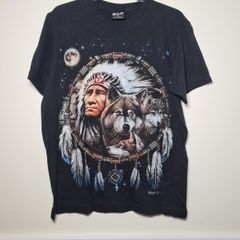 Vintage Wild T Shirt American Indian Wolves Dreamcatcher Print Fromt And Back Size Medium
