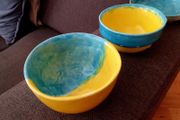 Handmade Studio Pottery Bowl &amp; Dish Set - Turquoise &amp; Yellow