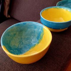Handmade Studio Pottery Bowl & Dish Set - Turquoise & Yellow