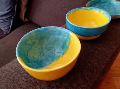 Handmade Studio Pottery Bowl & Dish Set - Turquoise & Yellow