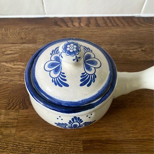 Vintage Blue White Ceramic Soup Crock Bowl