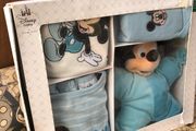Disney Baby boy newborn gift set romper, bib, bodysuit and plush toy