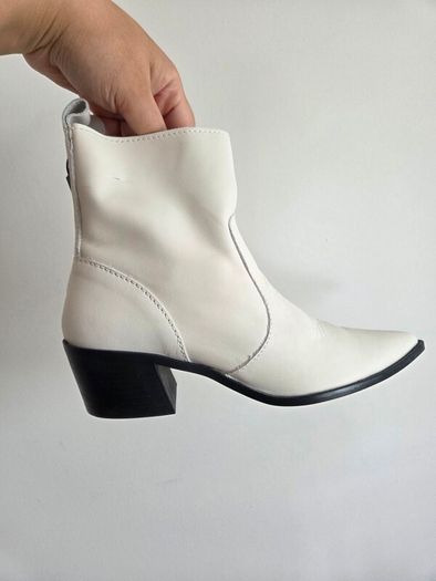 Zara Off White Leather Western Ankle Boots Size 37 EU