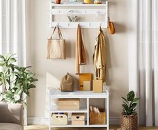 Coat and Shoe Rack, Coat Stand with 3-Tier Shoe Rack, White Hall Tree with 15 Coat Hooks, 3-Tier Shoe Storage Rack, Shoe Bench for Hallway and Entrance, White