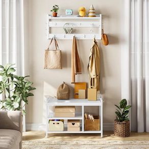 Coat and Shoe Rack, Coat Stand with 3-Tier Shoe Rack, White Hall Tree with 15 Coat Hooks, 3-Tier Shoe Storage Rack, Shoe Bench for Hallway and Entrance, White