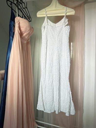 White Sequin-Embellished Spaghetti Strap Mermaid Evening Gown