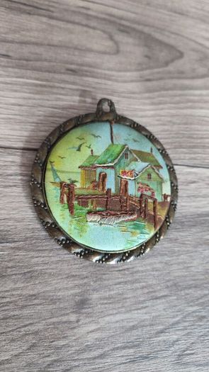X3 vintage framed creative circle CrossStitch Embroided pictures wishing well, mill and fishing harbour