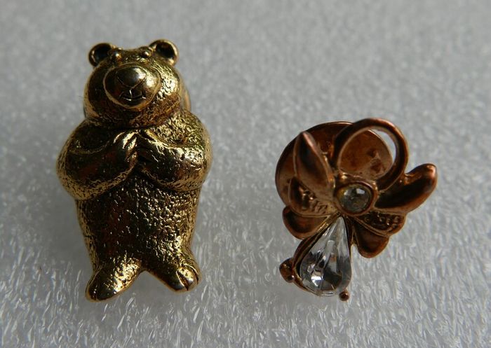 Vintage Teddy Bear Pin Gold Tone and Vintage Gold Tone Faux Diamond Angel Lapel Pin
