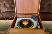 Vintage Mid Century Rare PYE Playboy Portable Vinyl Record Player in Teak Case Faulty