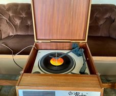 Vintage Mid Century Rare PYE Playboy Portable Vinyl Record Player in Teak Case Faulty
