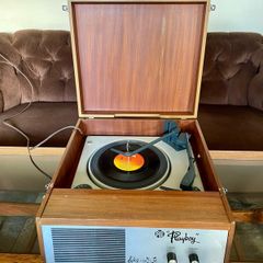 Vintage Mid Century Rare PYE Playboy Portable Vinyl Record Player in Teak Case Faulty