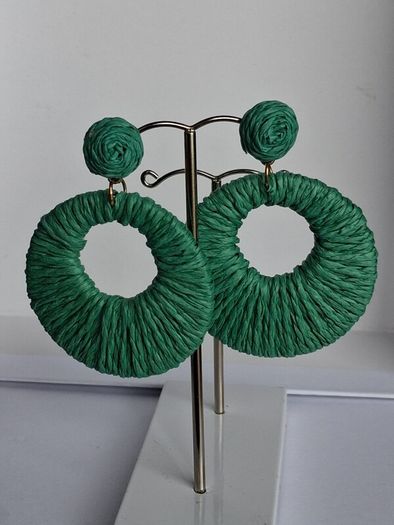 Grass Green Raffia Woven Stud Hollow Out Woven Hoop Earrings