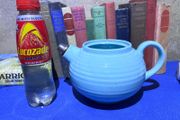 Vintage 1930s blue Ribbed Textured Earthenware Teapot Art Deco Metal Nozzle