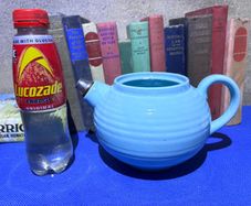Vintage 1930s blue Ribbed Textured Earthenware Teapot Art Deco Metal Nozzle