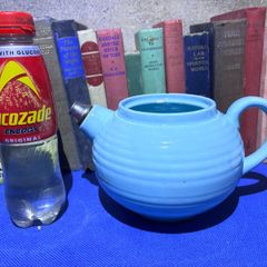 Vintage 1930s blue Ribbed Textured Earthenware Teapot Art Deco Metal Nozzle