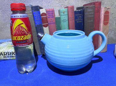 Vintage 1930s blue Ribbed Textured Earthenware Teapot Art Deco Metal Nozzle