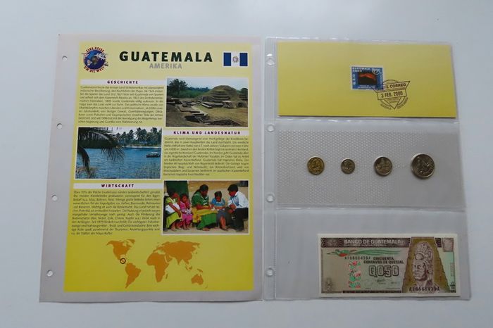 Guatemala Banknote + Coins + Stamp collector set vintage currency