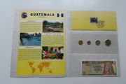 Guatemala Banknote + Coins + Stamp collector set vintage currency