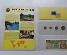 Guatemala Banknote + Coins + Stamp collector set vintage currency