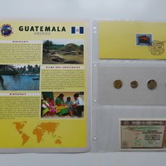 Guatemala Banknote + Coins + Stamp collector set vintage currency