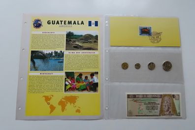 Guatemala Banknote + Coins + Stamp collector set vintage currency